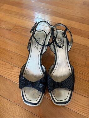 Franco Sarto Black Textured Ankle-Strap Wedge Sandals